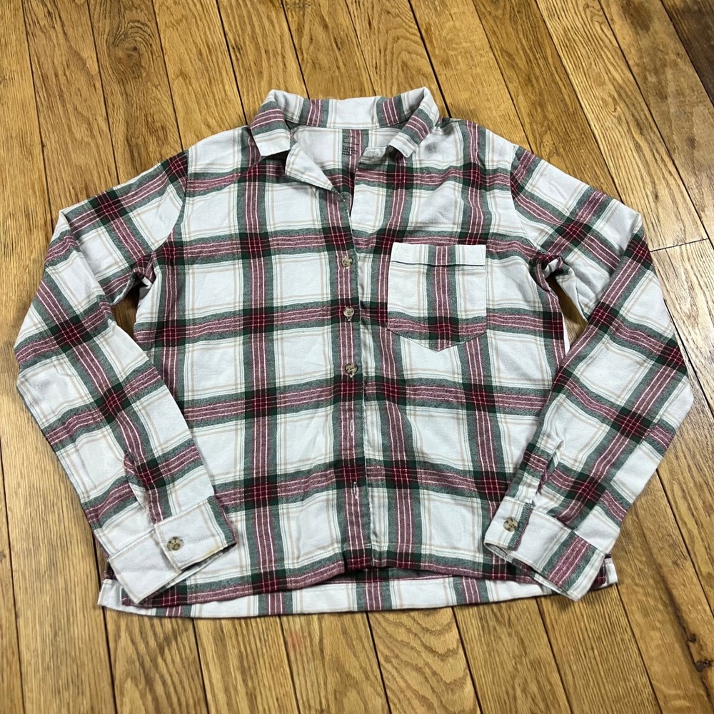 Gilly Hicks Plaid Long Sleeve Button Up Sleep Shirt White Red Green